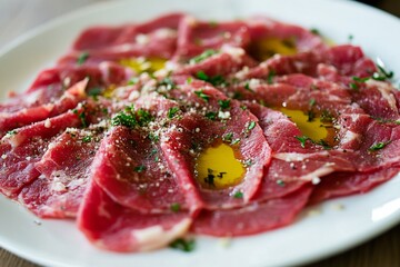 Obraz premium Thinly sliced beef carpaccio with olive oil and parsley on a white plate
