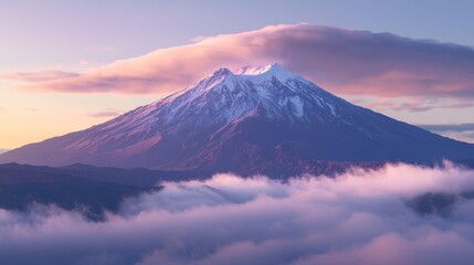 Fototapeta premium Majestic snow-capped mountain peak at sunset, shrouded in clouds.