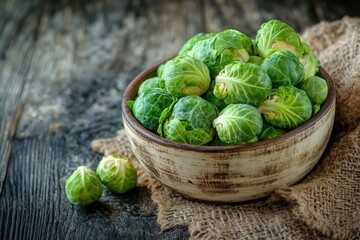 Fresh brussels sprouts in rustic bowl on wooden table
