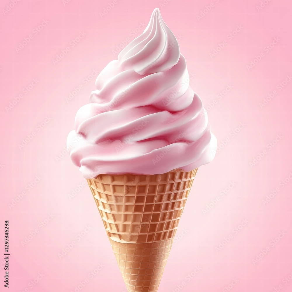 Poster Soft serve ice cream cone with pink swirl on pastel background at a summer fair in the afternoon. Generative AI