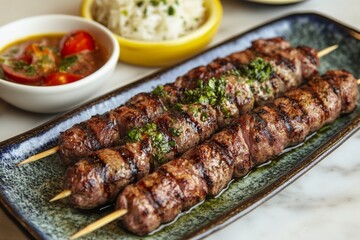 Grilled beef kofta skewers with herbs and fresh tomato salad