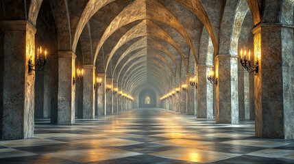 Obraz premium Majestic candlelit corridor ancient castle architectural design mysterious atmosphere wide angle gothic concept