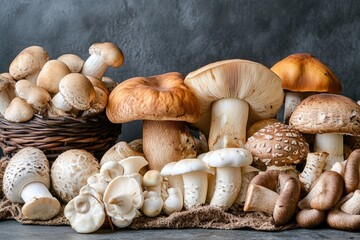 Variety of fresh edible mushrooms on rustic background