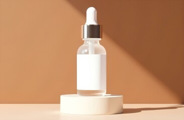 Bottle with dropper mockup, standing on a white round stand, isolated on beige background 