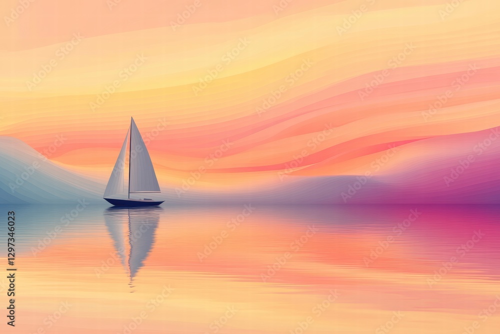 Poster sailboat gliding across a tranquil lake at sunset with a stunning pastel sky reflecting in calm wate