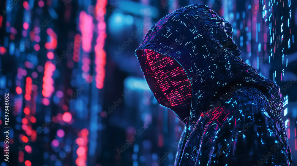 Poster cyberpunk hacker neon code anonymous digital glitch hoodie data