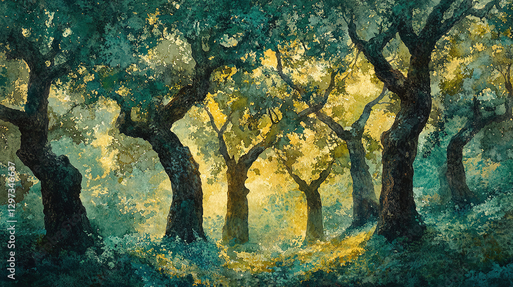 Poster enchanting forest scene with sunlight filtering through trees nature landscape tranquil environment 