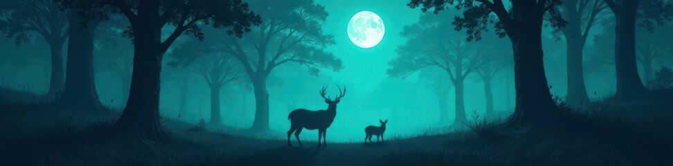 Deep twilight forest, ghostly animal silhouettes in hazy blue-green , old, magical