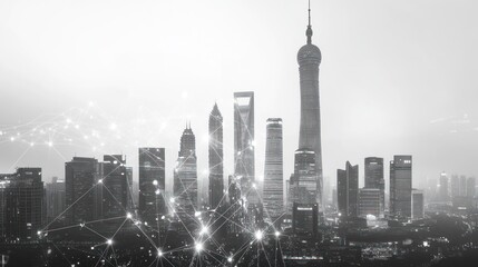 Cityscape panorama, futuristic digital network, urban architecture, global connectivity, for business/technology presentations