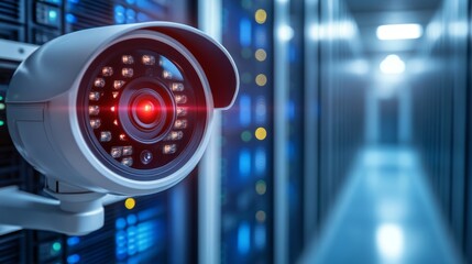 CCTV camera with a glowing red light in a high-tech server room, symbolizing advanced security and surveillance, set against a futuristic blue neon background for a cyber protection concept.
