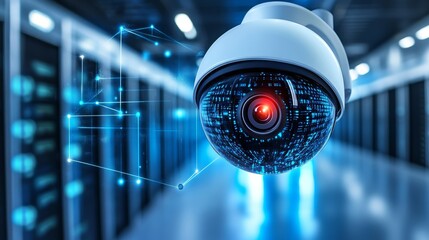 CCTV camera with a glowing red light in a high-tech server room, symbolizing advanced security and surveillance, set against a futuristic blue neon background for a cyber protection concept.