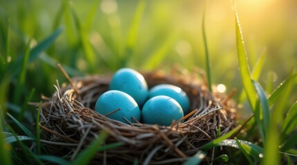 Obraz premium A bird nest with blue eggs nestled in tall grass, early morning light casting soft shadows, with dewdrops on the grass, symbolizing new beginnings.