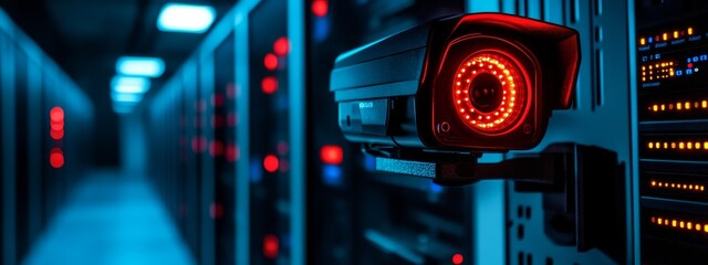 CCTV camera with a glowing red light in a high-tech server room, symbolizing advanced security and surveillance, set against a futuristic blue neon background for a cyber protection concept.