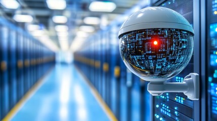 CCTV camera with a glowing red light in a high-tech server room, symbolizing advanced security and surveillance, set against a futuristic blue neon background for a cyber protection concept.