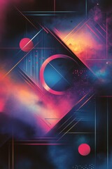 Poster 80's, 90's. Retro banner futuristic background. Abstract Nebula Space Colors Geometric Shapes Light Lines Cosmic Sky Background