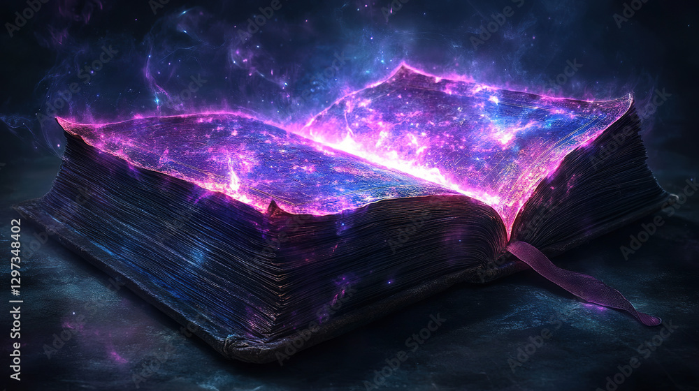Poster exploring the mystical universe within an open book fantasy realm digital art dark background artist