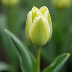Naklejka premium Close-up green tulip with delicate petals, soft natural backdrop, perfect for minimal spring