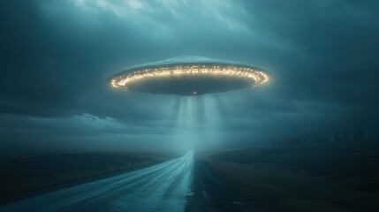 Fototapeta premium UFO Flying Saucer Lights. Unidentified Object Hovering. Cloudy Sky. Dark Road. Beams of Light. Night Scene. Mysterious Exploration. Fantasy concept.