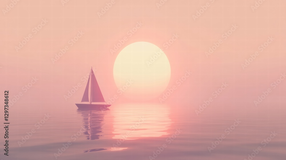 Poster sailboat gliding across calm waters under a large sunset during twilight hours. generative ai