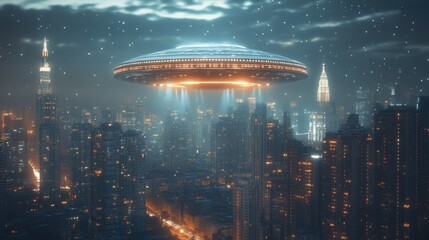 UFO over city. Flying spaceship lights up the city. Alien visit. Night scene of urban area. Outer space technology.