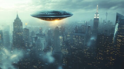 City skyline with a UFO. Unidentified flying object hovers over urban skyscrapers. City lights glow beneath flying vehicle. Evening scene with flying saucer.