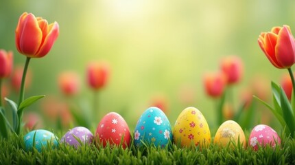Bright Easter eggs tucked in grass with tulips, a fun spring hunt scene