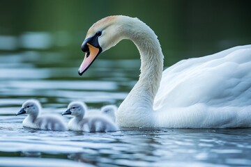 Obraz premium Graceful swan with fluffy cygnets swimming in serene lake