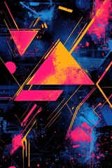 Abstract art with bright colors and triangle shapes on dark background. Modern design with geometric forms and grunge effects.