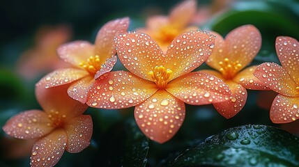 Delicate flowers are glistening with water droplets in close focus