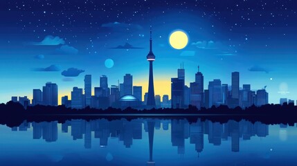 Night cityscape, Toronto skyline, reflected in water, tranquil scene, stock photo