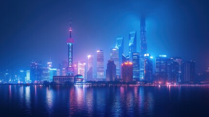 Obraz premium Night cityscape, Shanghai, vibrant lights, reflected buildings, scenic view