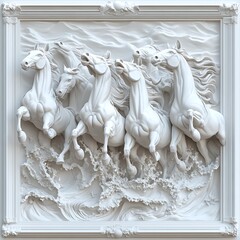A graceful wall decoration with galloping horses in high relief, set on a clean white background