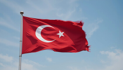 Turkey&rsquo;s National Flag. Red Flag with White Crescent and Star in the Wind. A Proud Emblem of Turkey&rsquo;s Culture and Legacy.