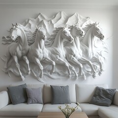 A large wall decoration depicting galloping horses in 3D relief, placed on a pure white wall