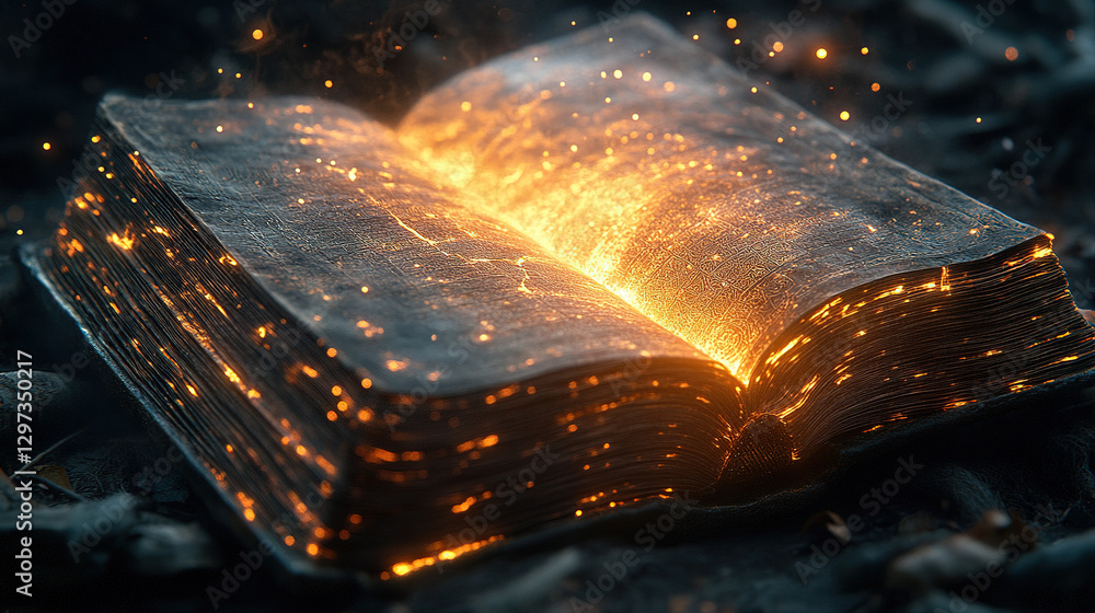Poster magical transformation of an illuminated book enchanted forest fantasy art ethereal atmosphere close