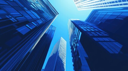 Fototapeta premium City skyline viewed from below, modern buildings, clear sky, urban scene, architectural perspective, suitable for stock photography