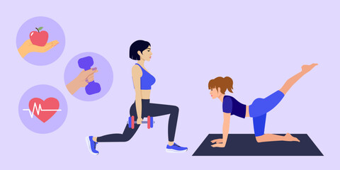 Women exercising, promoting healthy lifestyle, fitness and wellness