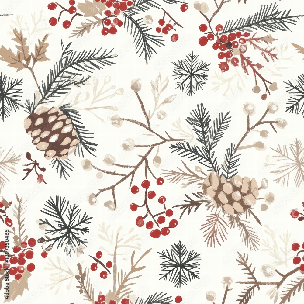 Poster Beautiful winter pattern featuring pine cones and colorful berries on a light background. Generative AI