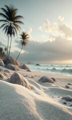 Minimalist 8K Beach Scene with Textured Sand Foreground and Soft Blurred Ocean Background