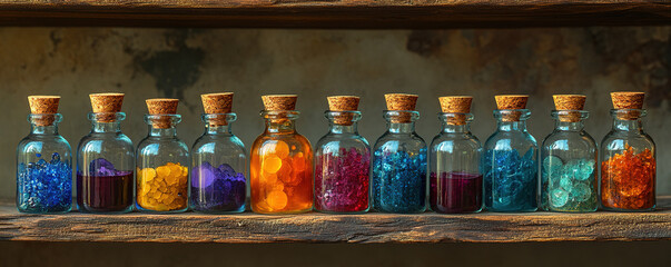 Colorful bottles of crystals displayed on wooden shelves in a rustic interior aesthetic home decor