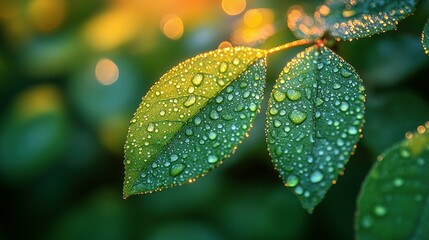 Two green leaves covered with water droplets and glowing light