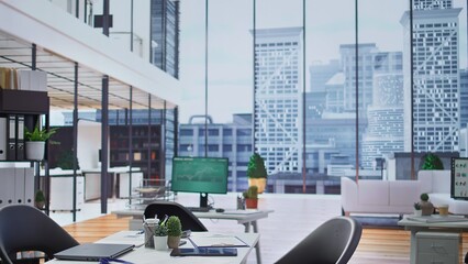 Corporate office in a high end building ready for job interviews and recruiting staff, human resources department. Empty workspace used for the recruitment process and resumes selection.