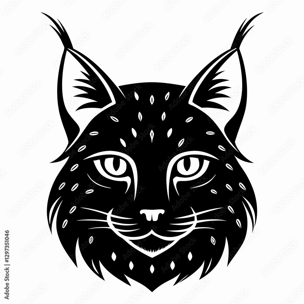 Poster a monochrome image of a lynx face, showcasing its distinctive features. the lynx has a patterned coa