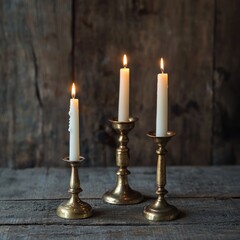 Three lit candles in antique brass candle holders on rustic wood.