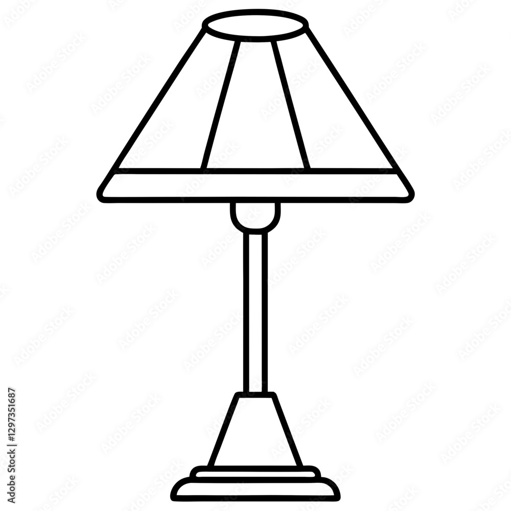 Poster a simple line drawing of a classic table lamp, featuring a lampshade and a base, designed in black a