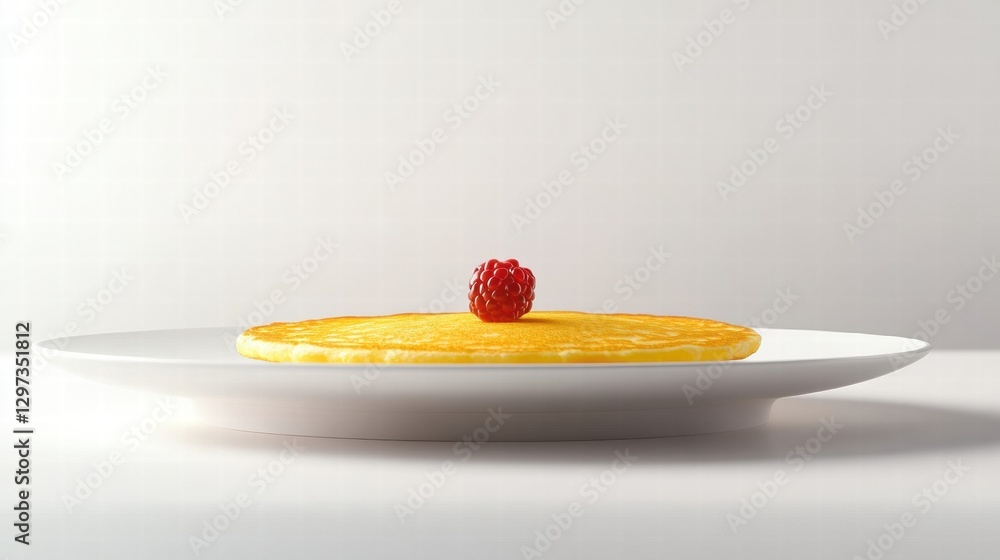 Poster bright yellow pancake topped with fresh raspberry on a white plate against a simple background. gene