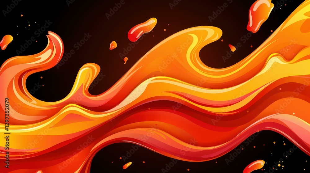 Poster dynamic abstract art blends dark liquid splashes with fiery elements, creating a captivating and mys