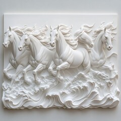 A refined wall art with horses running in relief, emphasizing motion and elegance on a white backdrop
