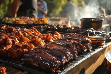 Delicious barbecue ribs and chicken grilling outdoors at a summer cookout