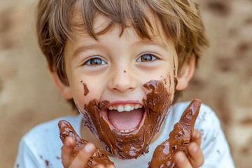 Happy caucasian child with chocolate-covered face smiling joyfully